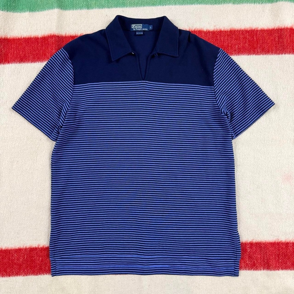 Vintage Polo Ralph Lauren Striped Johnny Collar Loop Shirt Navy Blue Mens L